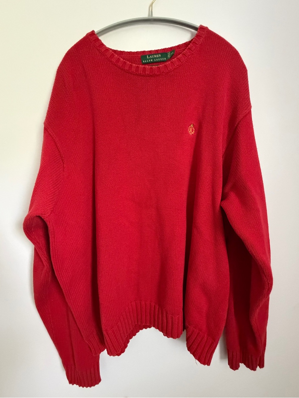 Vintage Lauren Ralph Lauren Red 100% Cotton Crest Sweater XXL Y2K Oversized - Picture 2 of 6